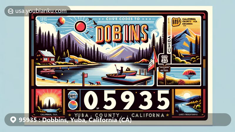Modern illustration of Dobbins, Yuba County, California, depicting tranquil beauty of Lake Francis, iconic California symbols, and Sierra Nevada Mountain Range.