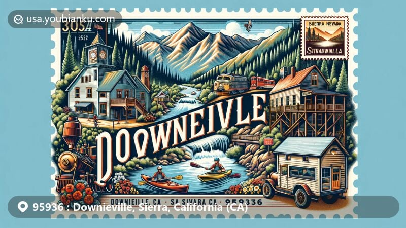 Modern illustration of Downieville, Sierra County, California, featuring Sierra Nevada Mountains, North Fork of the Yuba River, outdoor activities, and historic gold rush elements, in a vintage postcard style with postal theme and ZIP code 95936.