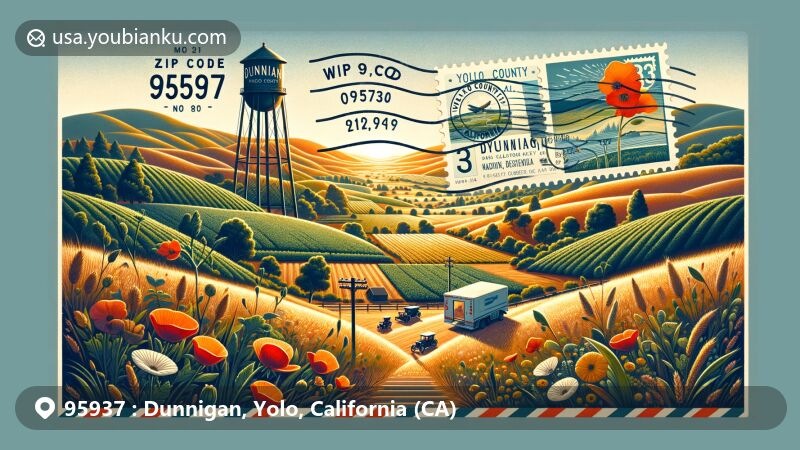 Artistic representation of Dunnigan area in Yolo County, California, with lush hills, wildflowers, and agricultural lifestyle, capturing the essence of rural community under Mediterranean climate, featuring airmail envelope design and ZIP code 95937.