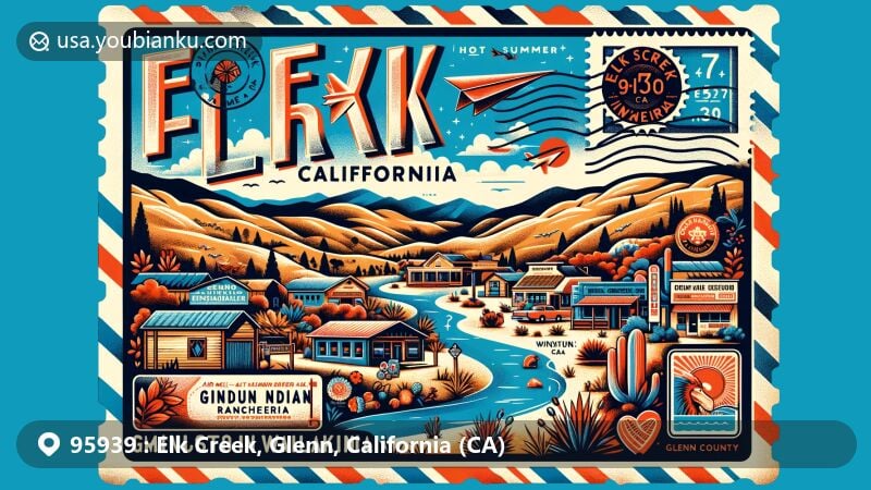 Creative postcard-style illustration of Elk Creek, Glenn County, California, capturing the town's unique characteristics like the Grindstone Indian Rancheria and rural landscape, designed in vibrant modern style with vintage postal elements.