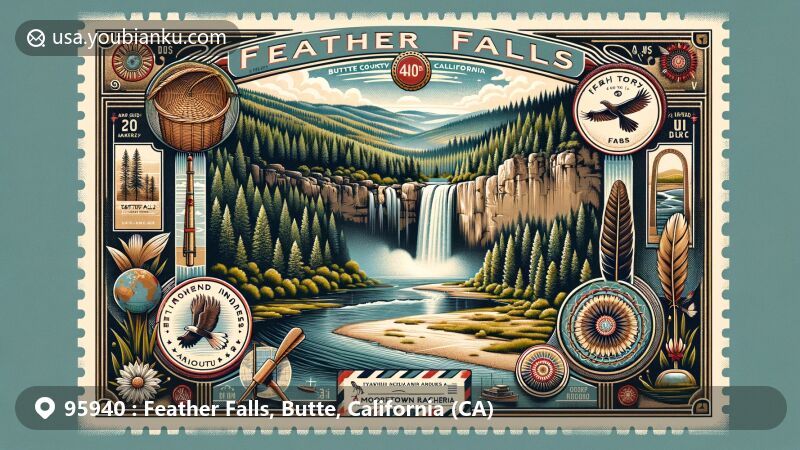 Modern illustration of Feather Falls, Butte County, California, showcasing the iconic 410-foot waterfall, Maidu cultural elements, and ZIP Code 95940, blending natural beauty with indigenous heritage.