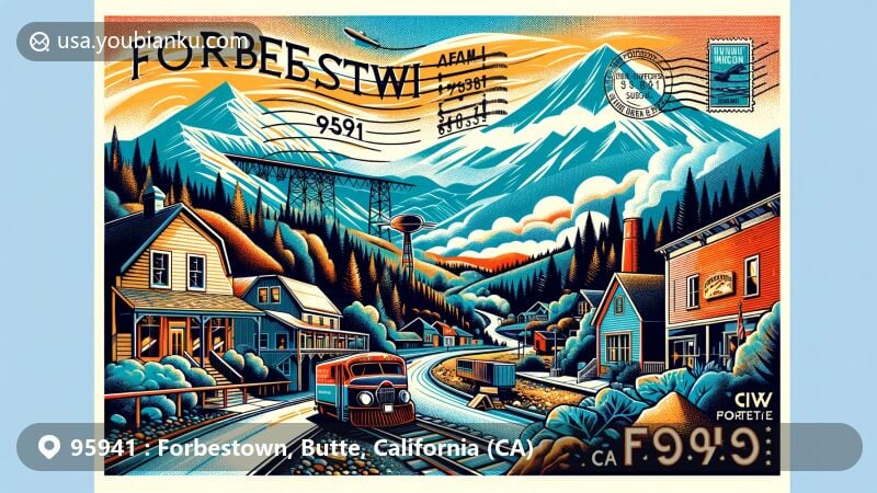 Modern illustration of Forbestown, California, showcasing postal theme with ZIP code 95941, integrating Sierra Nevada foothills, small town community vibe, 19th-century mining elements, and a clear sky representing the typical climate.