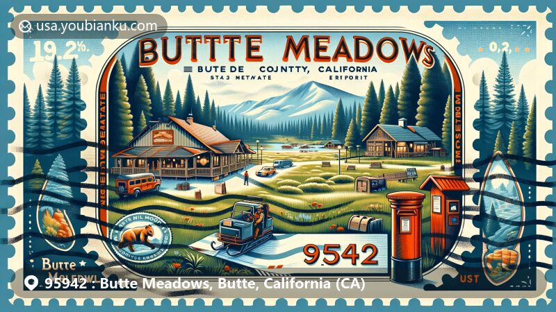 Modern illustration of Butte Meadows, Butte County, California, showcasing natural beauty and postal theme with Butte Meadows Mercantile and Resort, vintage postage stamp featuring ZIP code 95942, Lassen National Forest, and California state flag.