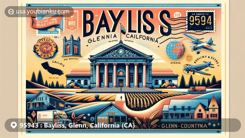 Modern illustration of Bayliss Carnegie Library in the Bayliss area, Glenn County, California, celebrating ZIP code 95943, featuring Classical Revival architecture, local agriculture, and vintage postal elements.