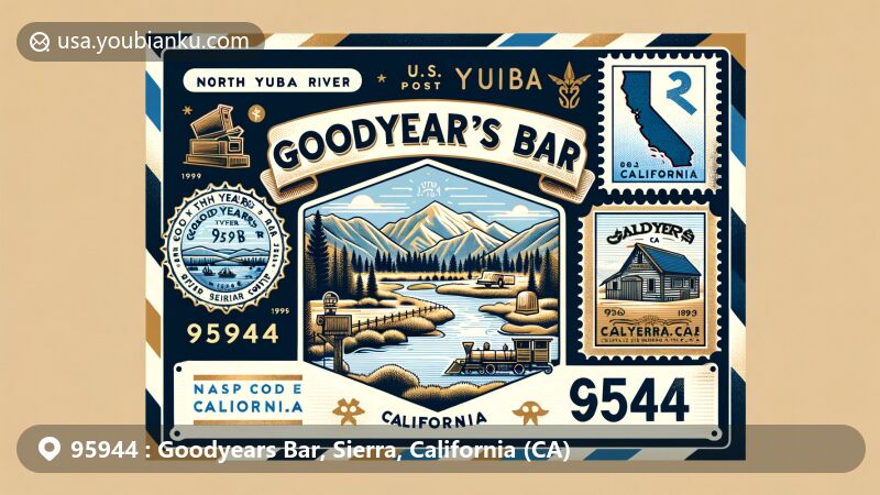 Modern illustration of Goodyears Bar, California, with airmail envelope featuring ZIP code 95944, showcasing North Yuba River scenery and gold mining camps, reflecting area's history and natural beauty.