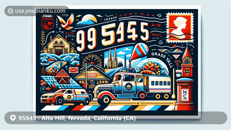 Modern postal-themed illustration for ZIP code 95945, highlighting Nevada County's Gold Country landmarks and postal elements like stamps and mailboxes.
