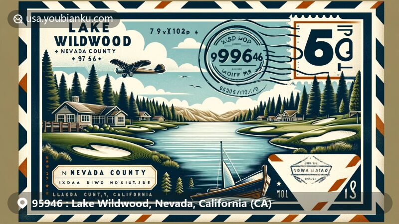 Modern illustration of Lake Wildwood, Nevada County, California, featuring serene waters and community lifestyle, with stylized 18-hole golf course symbol, vintage air mail envelope framing scene, postal stamp showcasing natural beauty of Nevada County, and ZIP code 95946.
