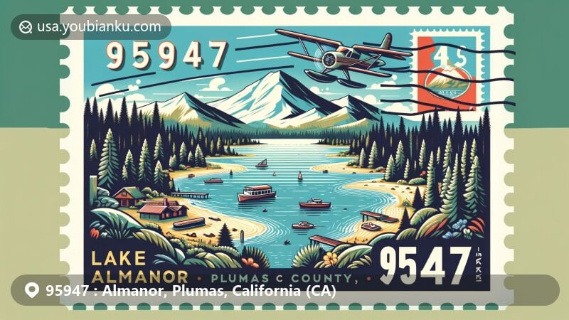 Modern illustration of Almanor, Plumas County, California, featuring ZIP code 95947, showcasing Lake Almanor, Lassen Peak, and outdoor activities like kayaking and wakeboarding.