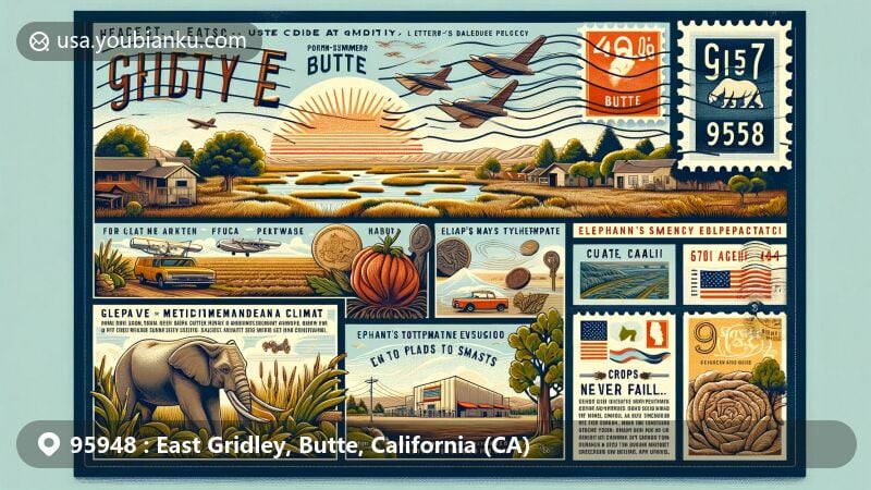 Modern illustration of East Gridley, Butte, California, showcasing postal theme with ZIP code 95948, featuring local geography, warm-summer Mediterranean climate, historical background of Gridley, oak trees, manzanita brush, marshes, lakes, agricultural heritage, Latter-day Saints community, and Elephant's Toothpaste explosion.
