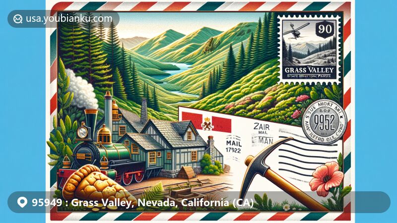Modern illustration of Grass Valley, Nevada County, California, embodying gold mining heritage and Cornish influence in Sierra Nevada foothills, with Empire Mine State Historic Park and Cornish elements like pasty and St. Piran's flag.
