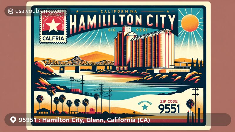 Modern illustration of Hamilton City, Glenn County, California, showcasing the Sacramento River, Holly Sugar Plant silos, and California state flag, with ZIP code 95951, featuring local palm trees and sunny Mediterranean climate.