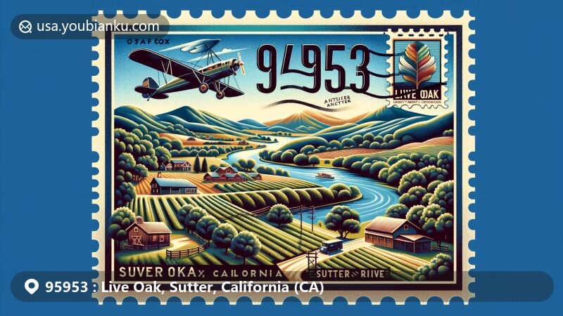 Modern illustration of Live Oak, Sutter County, California, showcasing postal theme with ZIP code 95953, featuring Sutter Buttes, farmlands, and Feather River.