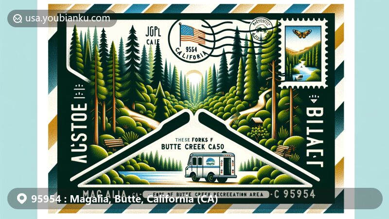 Modern illustration of Magalia, Butte County, California, featuring postal theme with ZIP code 95954, showcasing lush forest scenery with tall cedars and pines, highlighting Butte Creek Recreation Area, Paradise Lake, and California state symbols.
