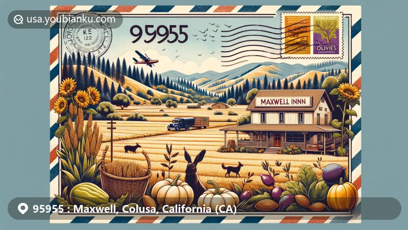 Modern illustration of Maxwell, Colusa County, California, showcasing agricultural roots and local community atmosphere, with rice fields, almonds, olives, squash, sunflowers, and silhouette of Maxwell area landscape.