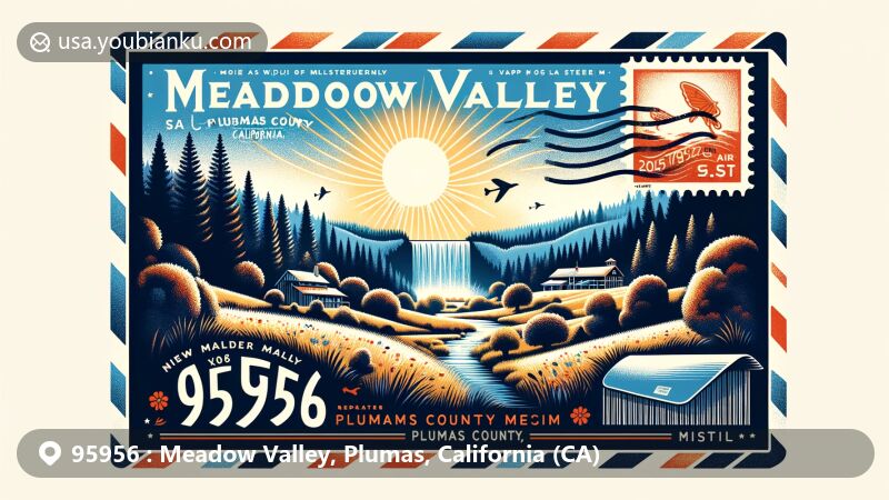 Modern illustration of Meadow Valley, Plumas County, California, depicting tranquil rural ambiance with lush forests and iconic landmarks such as Plumas County Museum and Feather Falls, embraced by a vintage air mail envelope with postal elements for ZIP code 95956.