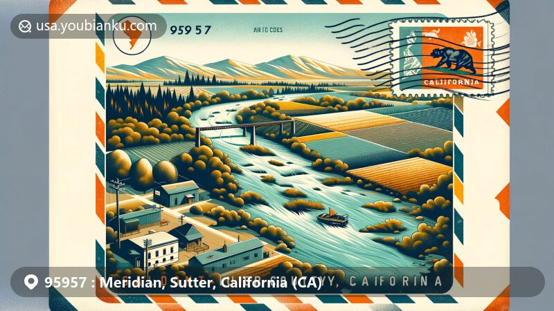 Modern illustration of Meridian, Sutter County, California, capturing essence with Sacramento River, valley grassland, and farmlands, showcasing agricultural significance and postal theme with ZIP code 95957.