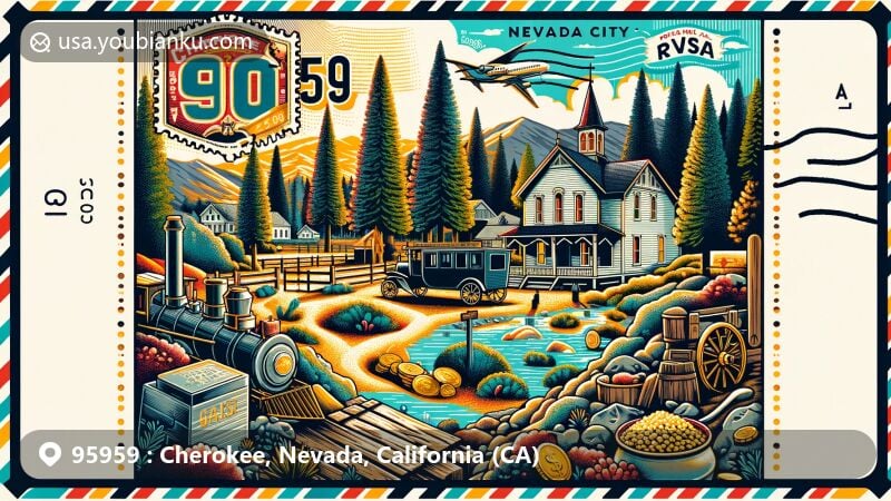 Modern illustration of Cherokee, Nevada City, California, capturing Gold Rush history and postal elements with ZIP code 95959, featuring historic cemetery, old schoolhouse residence, pine-covered landscapes, Gold Rush symbols, Victorian architecture, and Tahoe National Forest.