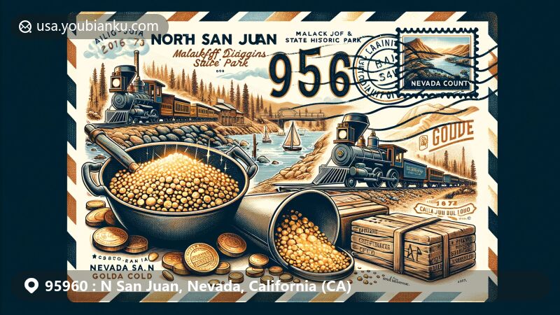 Modern illustration of North San Juan, Nevada County, California, highlighting Gold Country heritage with a focus on the California Gold Rush era, featuring Malakoff Diggins State Historic Park and mining artifacts.