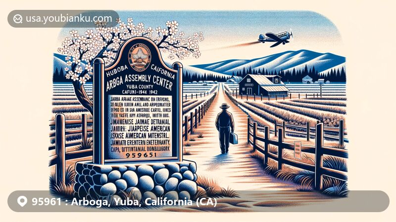 Artistic depiction of Arboga area, Yuba County, California, showcasing historical significance with ZIP code 95961, highlighting Arboga Assembly Center and Japanese American detainment during World War II.