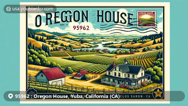 Modern illustration of Oregon House, California, highlighting rural charm with ZIP code 95962, featuring New Leaf Llama Farm, vineyards of Clos Saron, and scenic landscape.
