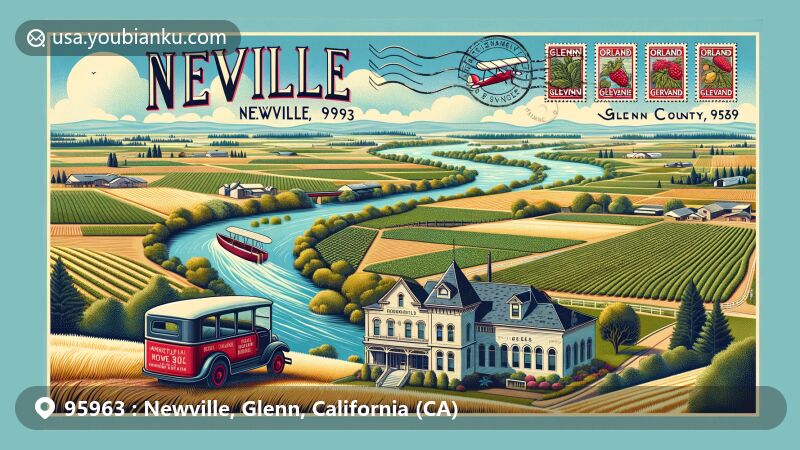 Modern illustration of 95963 postal code area in Glenn County, California, showcasing rural charm of Newville, Glenn, and Orland. Features picturesque scenery depicting agricultural abundance with Sacramento River flowing gracefully through fertile fields. Includes iconic landmarks like historic Cobb's Hotel in Newville, serene Black Butte Lake near Orland, and the agricultural landscape defining Glenn. Background captures the warm Mediterranean climate of Orland, with clear skies and lush greenery. Artfully integrates Glenn County map artistry and postal elements, such as vintage airmail envelope, stamps depicting Sacramento River and Black Butte Lake, prominent '95963 Newville, Glenn, Orland, CA' postmark, and a classic red postal truck delivering mail on winding rural roads. Ideal for web feature display, evoking a sense of community in the Sacramento Valley of Northern California and tranquil, bountiful living.