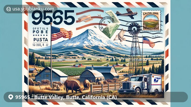 Modern illustration of Butte Valley, Butte County, California, depicting rural and small-town vibes with Mount Shasta in the backdrop, incorporating local agriculture, ranching, postal themes, and California state symbols.