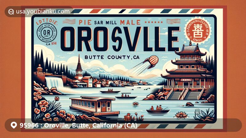 Modern illustration of Oroville, Butte County, California, in postal theme with ZIP code 95966, featuring Lake Oroville and Oroville Chinese Temple.