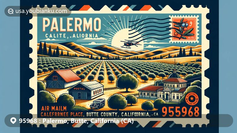 Modern illustration of Palermo, Butte County, California, showcasing scenic landscape, warm-summer Mediterranean climate, and agricultural richness, with emphasis on olive orchards linked to town's namesake Palermo, Sicily. Includes vintage postal elements like ZIP code 95968, air mail envelope border, postal mark, and iconic California symbols.
