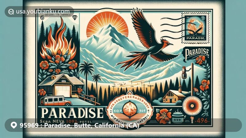 Modern illustration of Paradise, California, blending postal elements with Sierra Nevada foothills, representing town's recovery from Camp Fire. Features vintage postcard with ZIP code 95969 and symbolic phoenix imagery.
