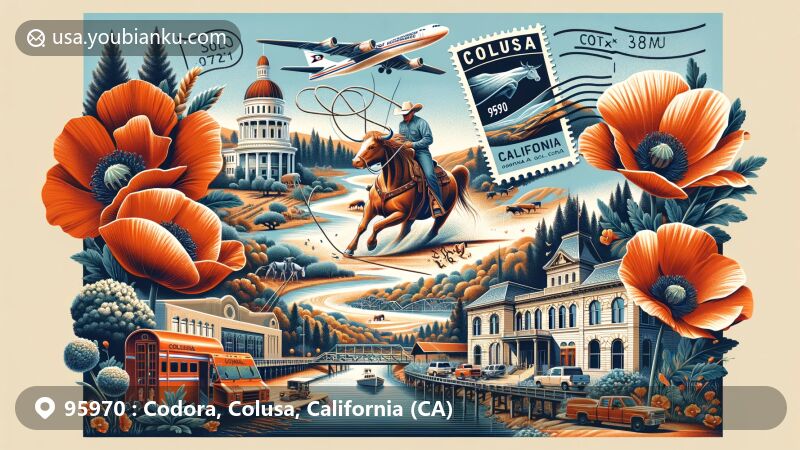 Modern illustration of Codora, Colusa County, California, highlighting agricultural heritage with cattle roping from Colusa Western Days, Sacramento River trade importance, classical architecture of Colusa County Courthouse and Carnegie Library, California poppy, and postal theme with ZIP code 95970.