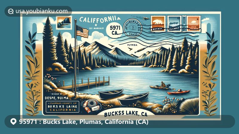 Modern illustration of Bucks Lake, Plumas, California, showcasing scenic beauty with high mountain lake, dense forests, and towering mountains. Features fishing rod, kayak, and hiking gear to represent popular activities. Integrated into postcard design with postage stamps and airmail envelope, marked with postmark '95971 Bucks Lake, CA', and includes California state flag.