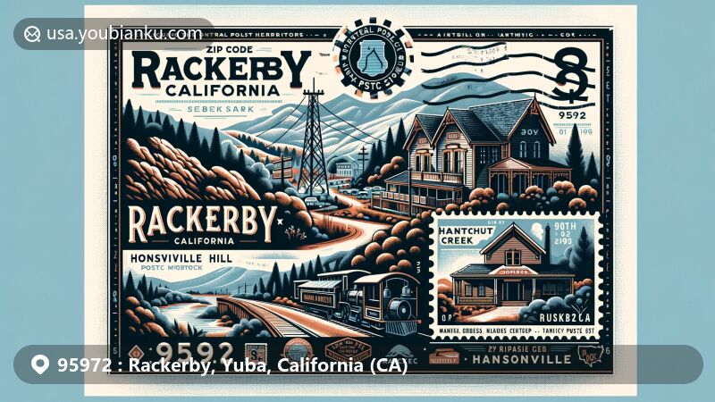 Modern illustration of Rackerby, Yuba, California, highlighting postal theme with ZIP code 95972, featuring central oak woodlands, serpentine rock formations, and landmarks like Hansonville Hill, Honcut Creek, and Natchez Creek.
