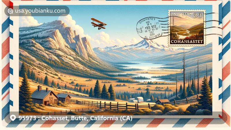 Modern illustration of Cohasset, Butte County, California, highlighting postal theme with ZIP code 95973, featuring mountain community setting at 2,828 feet elevation, Cohasset Ridge, Butte County's natural beauty, and Cohasset Pioneers Spring.