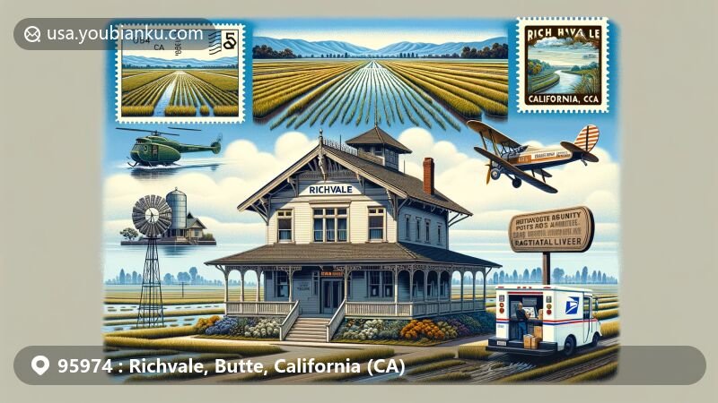 Contemporary artwork representing Richvale, Butte County, California, and its ZIP code 95974, featuring rice paddies, Richvale Post Office, vintage air mail envelope, postage stamp depicting rice farming, and a postmark with 'Richvale, CA 95974'. Includes Butte County Rice Growers Association building/sign as a tribute to the local agricultural cooperative.