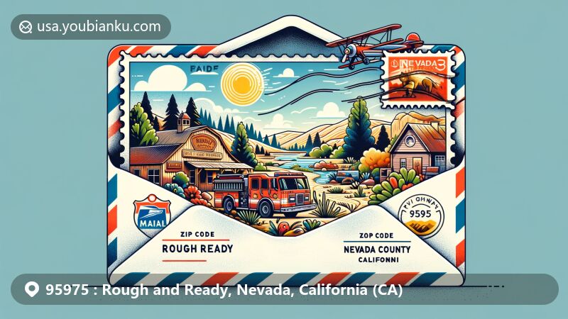 Modern illustration of Rough and Ready, Nevada County, California, featuring a stylized air mail envelope showcasing the town's charm, natural beauty, and climate, with a volunteer fire department, rolling hills, tall trees, sun, and fluffy clouds.