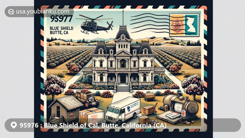 Modern illustration of Bidwell Mansion in Chico, Butte County, California, capturing the essence of ZIP code 95976 area with historical and postal themes, showcasing Italianate architecture, vintage postage stamp, almond orchards, and California state flag.