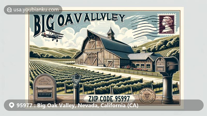 Modern illustration of Big Oak Valley, California, featuring rustic barn, vineyard, vintage postal theme with ZIP code 95977, and scenic rural landscape.