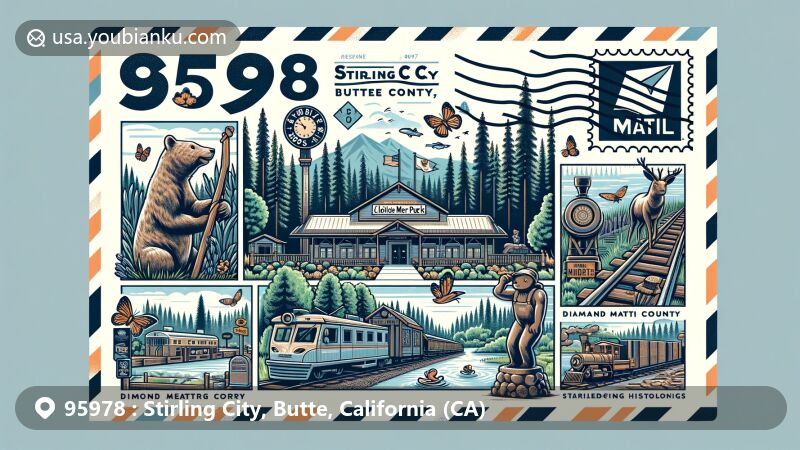 Modern illustration of Stirling City, Butte County, California, featuring postal theme with ZIP code 95978, showcasing Clotilde Merlo Park, Stirling City Historical Society, and native wildlife.