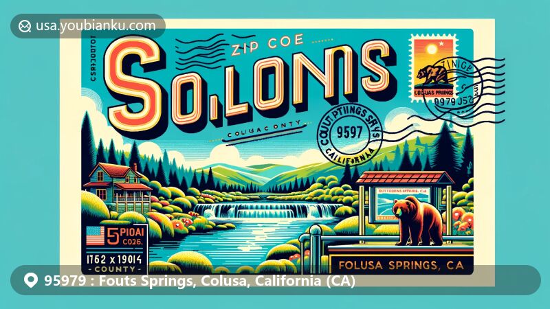 Modern illustration of Fouts Springs, Colusa County, California, with vintage postal theme showcasing ZIP code 95979, featuring natural springs and California state symbols.