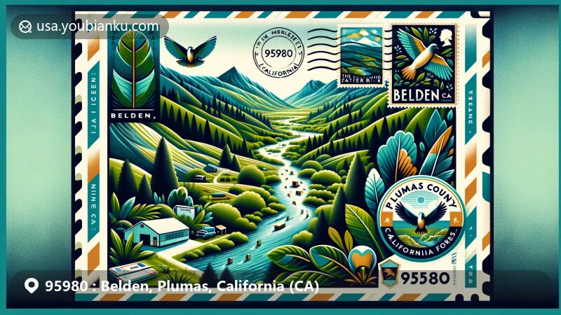 Modern illustration of Belden, California, showcasing postal theme with ZIP code 95980, featuring the Feather River, Plumas National Forest, and lush mountain landscapes.