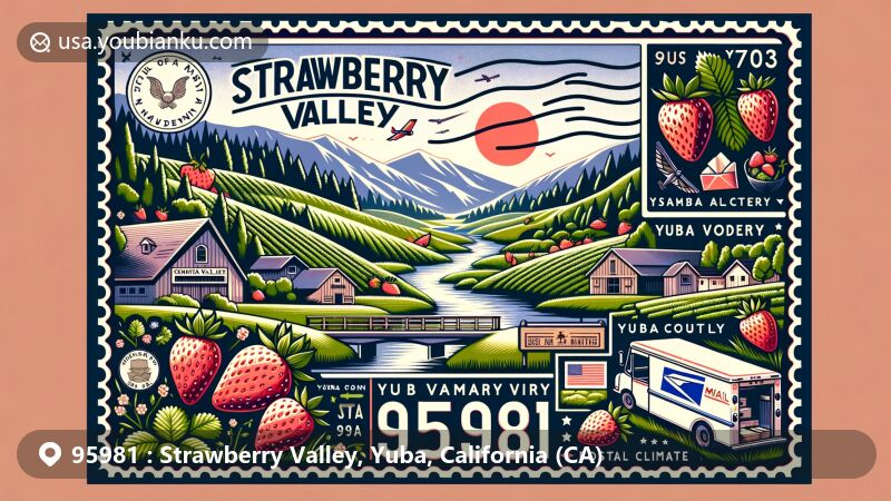 Modern illustration of Strawberry Valley, Yuba County, California, capturing the lush green valleys, rolling hills, wild strawberries, and postal theme with ZIP code 95981, reflecting the town's name origin and Mediterranean climate.
