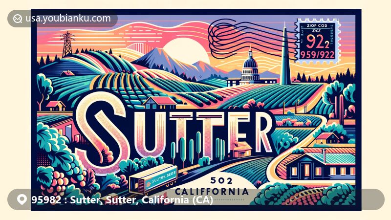 Modern illustration of Sutter, California, featuring ZIP code 95982, showcasing the Sutter Buttes and Thompson Seedless Grape, a key agricultural product of the area.
