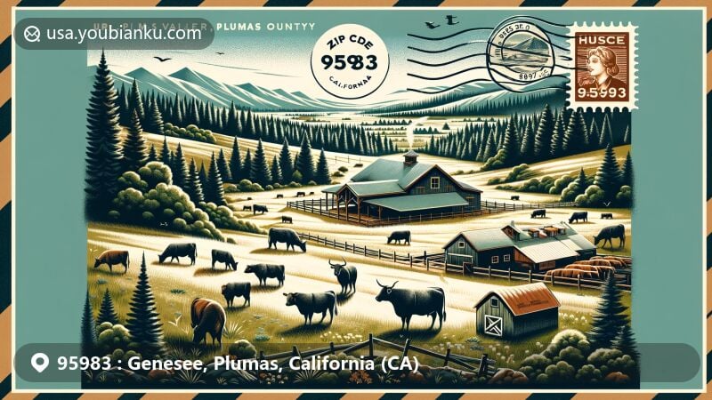 Illustration of Genesee area in Plumas County, California, highlighting natural beauty, ranching heritage, and farm-to-table theme with cattle grazing in picturesque Genesee Valley surrounded by Plumas National Forest, vintage postal elements, and ZIP code 95983.