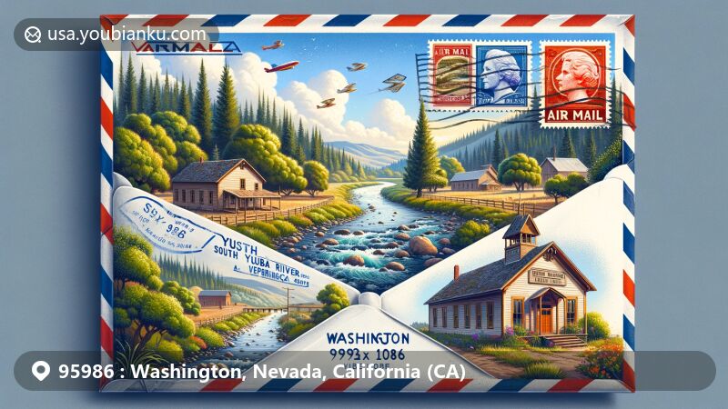Modern illustration of Washington area, featuring air mail envelope with ZIP code 95986, showcasing natural beauty and historic one-room schoolhouse.