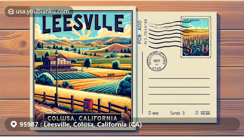 Modern illustration of Leesville, Colusa, California, featuring postal theme with ZIP code 95987, showcasing grassy landscapes, agricultural environment, and historical elements reflecting rich farming community essence.