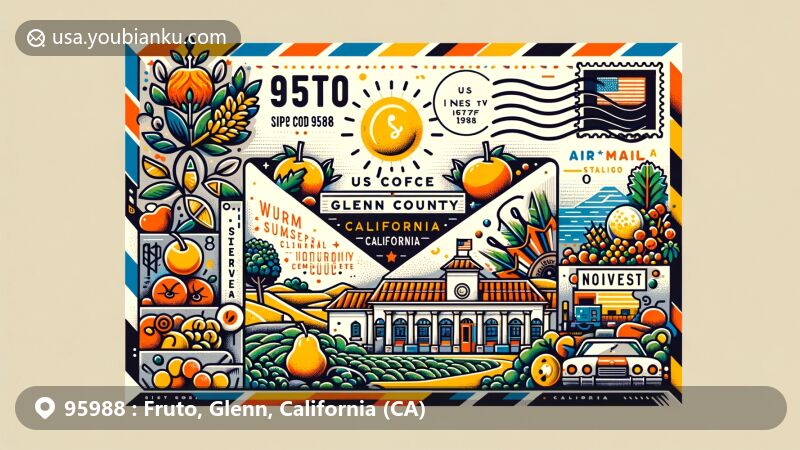 Modern illustration of Fruto area, Glenn County, California, featuring postal theme with ZIP code 95988, highlighting US Post Office-Willows Main, warm-summer Mediterranean climate symbols, and fruit to represent agricultural heritage.