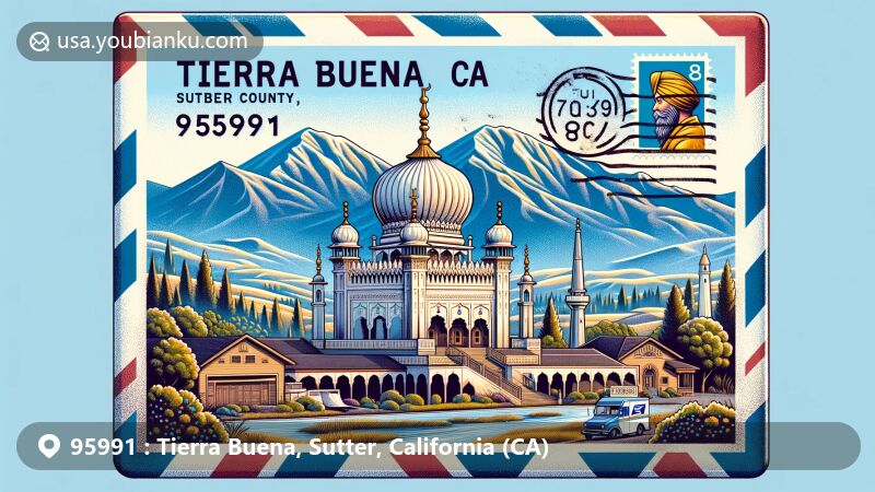 Modern illustration of Tierra Buena, Sutter County, California, with Sikh Temple in Yuba City, Sutter Buttes, and vintage air mail envelope incorporating ZIP code 95991 and postal elements like California state flag stamp and red mailbox.