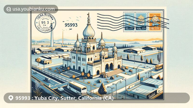 Modern illustration of Yuba City, Sutter County, California, with Tierra Buena Temple as a central focus, showcasing regional and postal elements for ZIP code 95993, including California state flag and Sutter County outline.