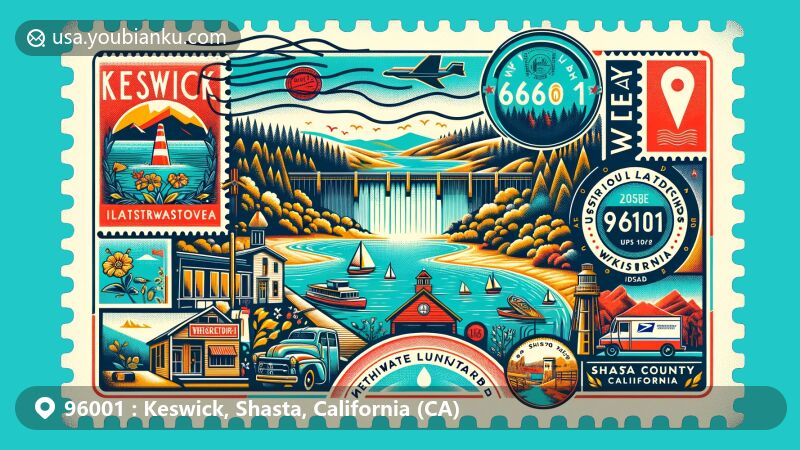 Modern illustration of Keswick area in Shasta County, California, featuring ZIP code 96001, showcasing Keswick Reservoir, Keswick Dam, Reading Adobe, Whiskeytown, vintage airmail envelope, stamp with reservoir, and postal markings.