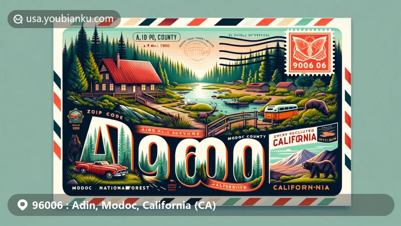 Modern illustration of Adin, Modoc County, California, highlighting ZIP code 96006 and scenic view of Modoc National Forest, featuring Red Tail Rim Trail and serene rural environment.